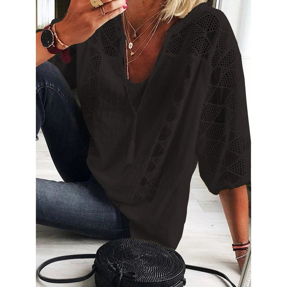 Dames Losse Bohemian Haakwerk Driekwart-Mouw Blouse - Black