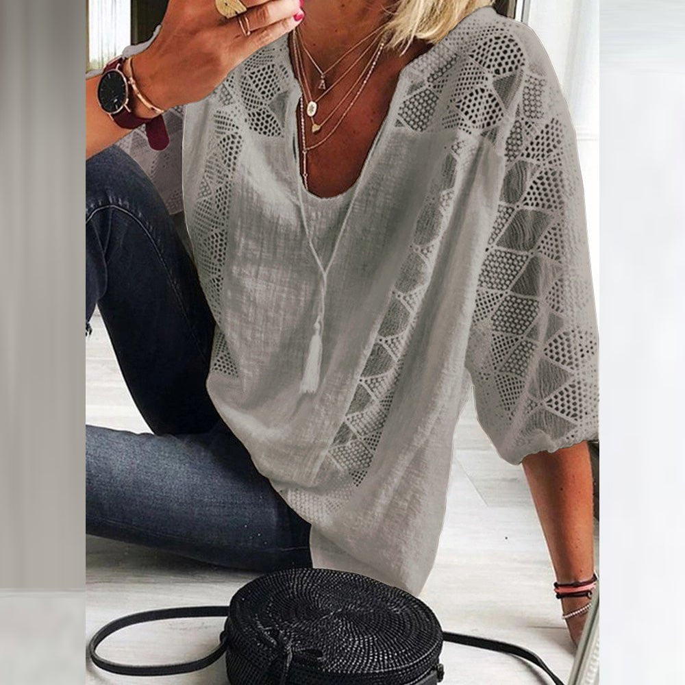 Dames Losse Bohemian Haakwerk Driekwart-Mouw Blouse - Grey(Only 6 left!)