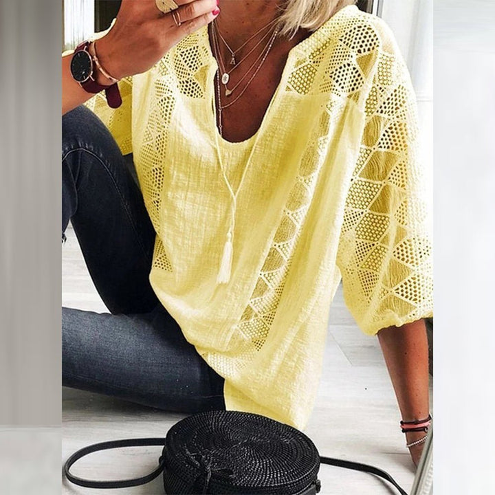 Dames Losse Bohemian Haakwerk Driekwart-Mouw Blouse - Yellow