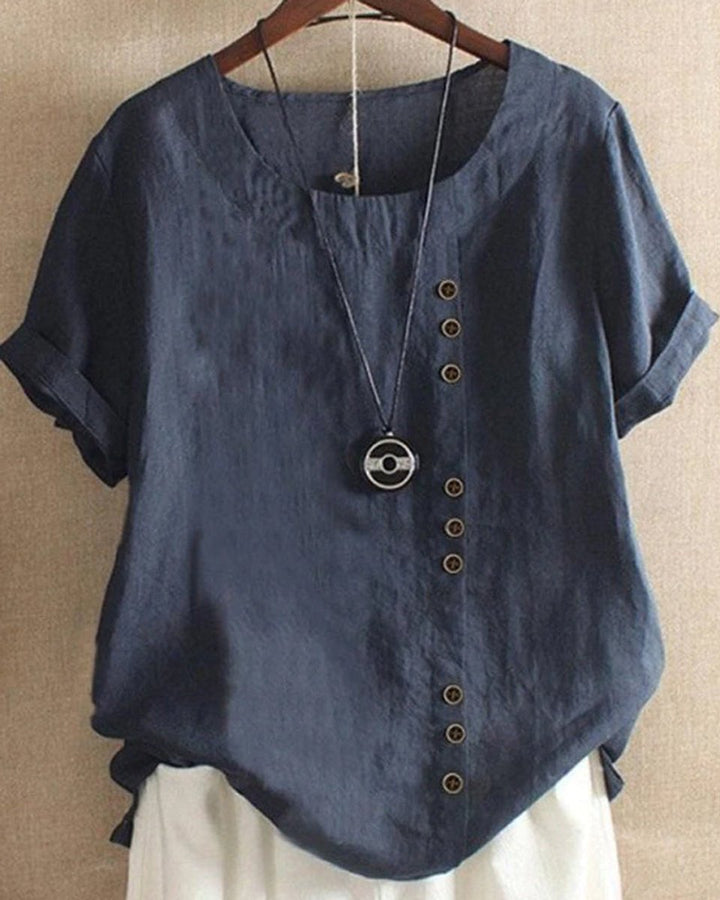Dames Losse Linnen Blouse Asymmetrische Knopen Korte Mouw - Donkerblauw