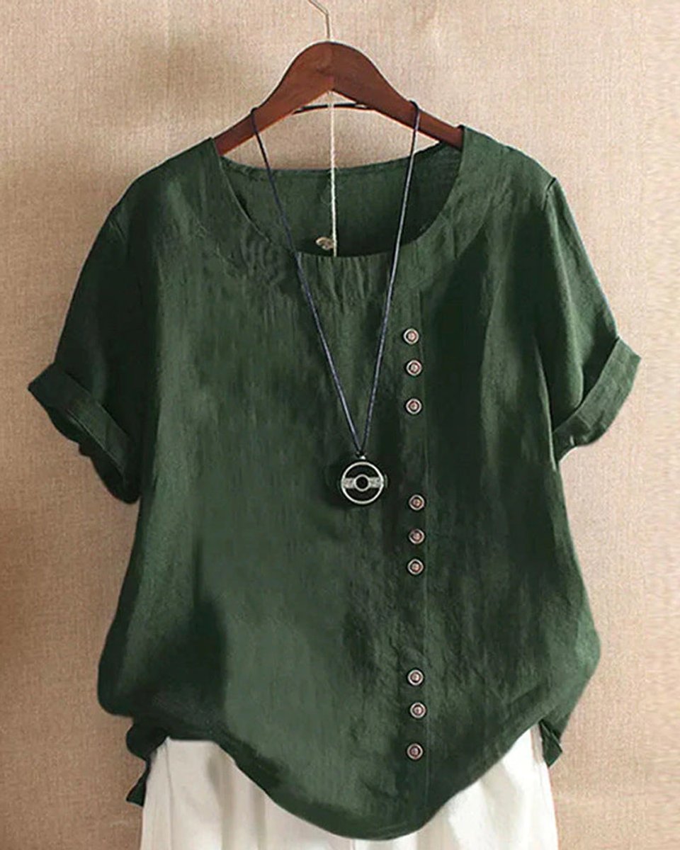 Dames Losse Linnen Blouse Asymmetrische Knopen Korte Mouw - Groen