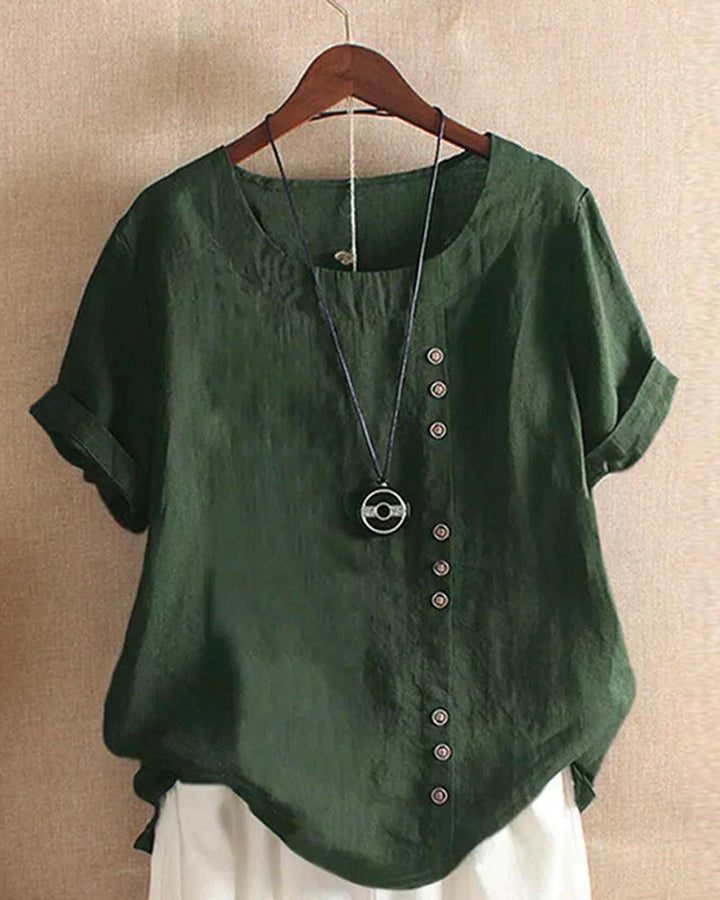 Dames Losse Linnen Blouse Asymmetrische Knopen Korte Mouw - Groen