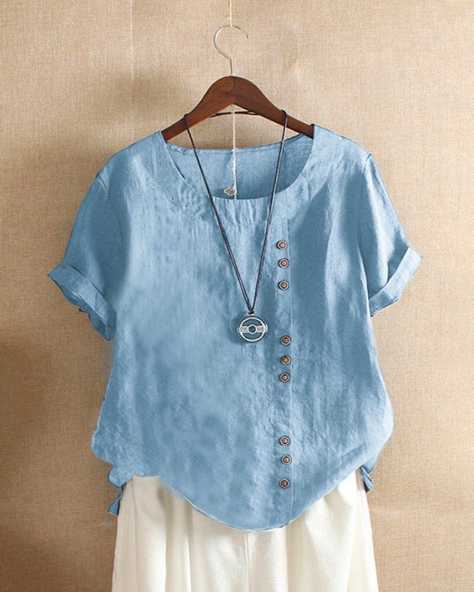 Dames Losse Linnen Blouse Asymmetrische Knopen Korte Mouw - Lichtblauw