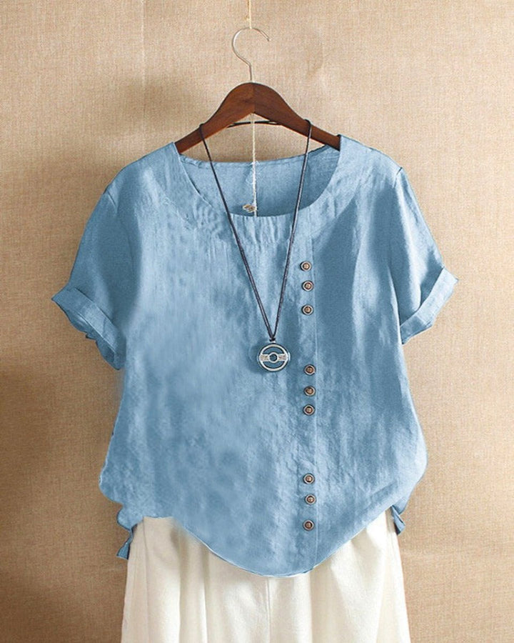 Dames Losse Linnen Blouse Asymmetrische Knopen Korte Mouw - Lichtblauw