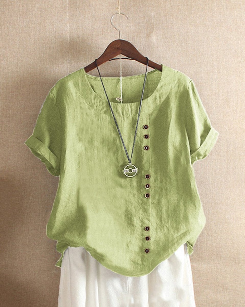 Dames Losse Linnen Blouse Asymmetrische Knopen Korte Mouw - Mintgroen