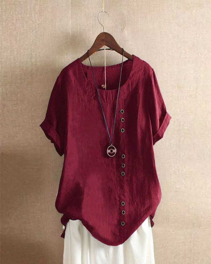 Dames Losse Linnen Blouse Asymmetrische Knopen Korte Mouw - Bordeaux