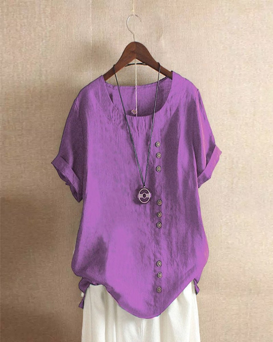 Dames Losse Linnen Blouse Asymmetrische Knopen Korte Mouw - Paars