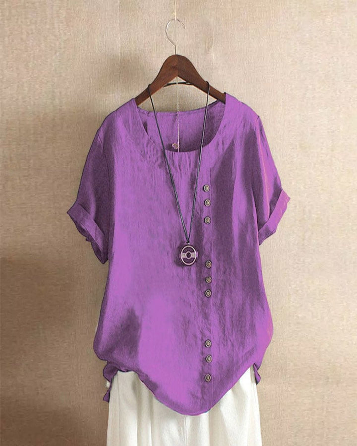 Dames Losse Linnen Blouse Asymmetrische Knopen Korte Mouw - Paars