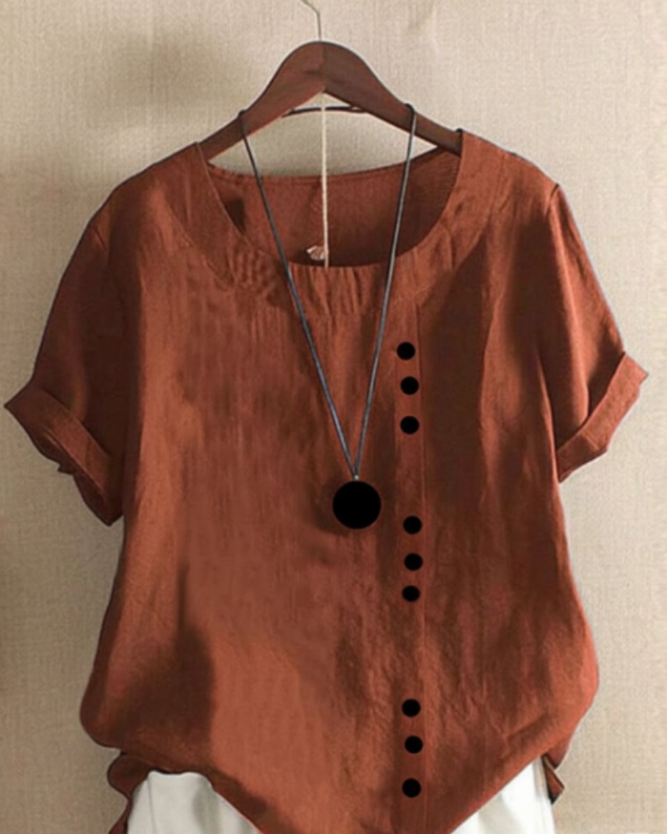 Dames Losse Linnen Blouse Asymmetrische Knopen Korte Mouw - Bruin