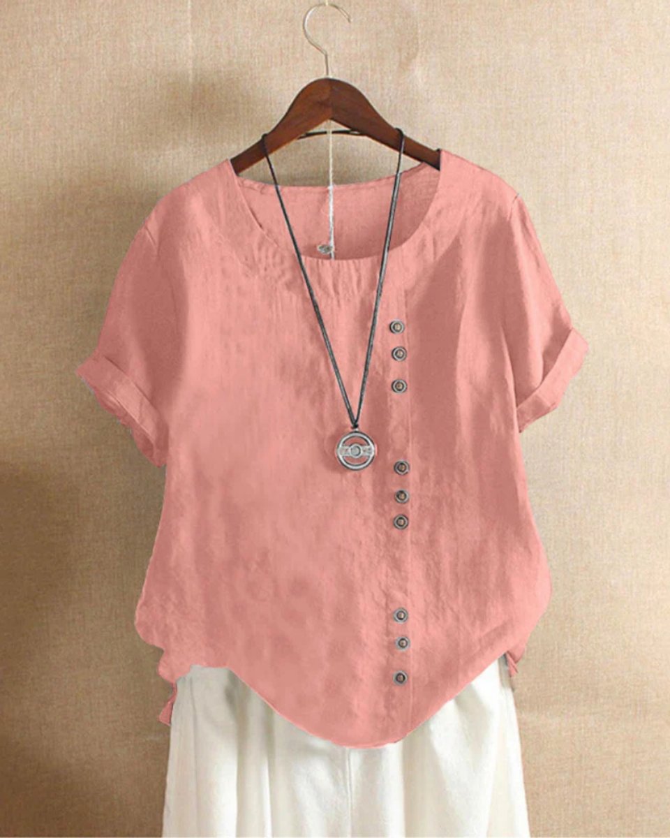 Dames Losse Linnen Blouse Asymmetrische Knopen Korte Mouw - Roze
