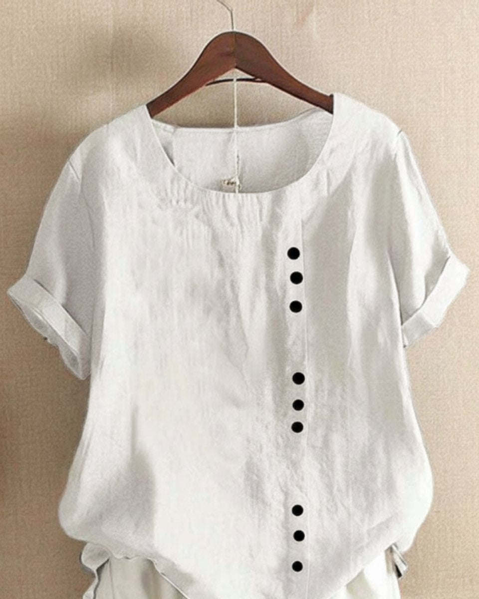 Dames Losse Linnen Blouse Asymmetrische Knopen Korte Mouw - Wit