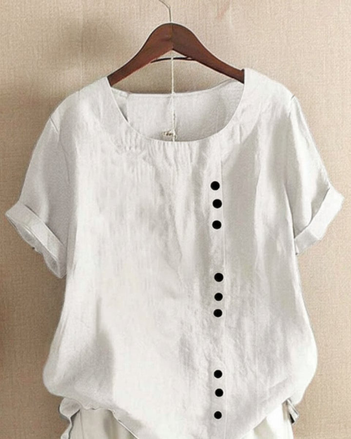 Dames Losse Linnen Blouse Asymmetrische Knopen Korte Mouw - Wit