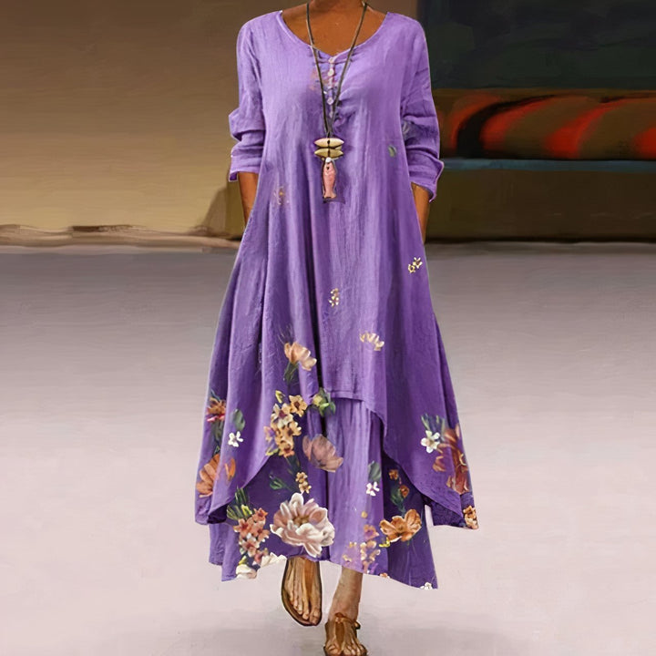 Dames Losvallende Bloemenprint Maxi-jurk Lange Mouwen Ronde Hals - Lavender