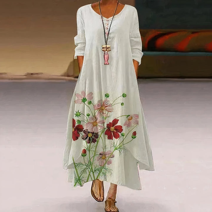 Dames Losvallende Bloemenprint Maxi-jurk Lange Mouwen Ronde Hals - White 1