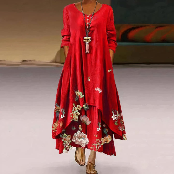 Dames Losvallende Bloemenprint Maxi-jurk Lange Mouwen Ronde Hals - Red