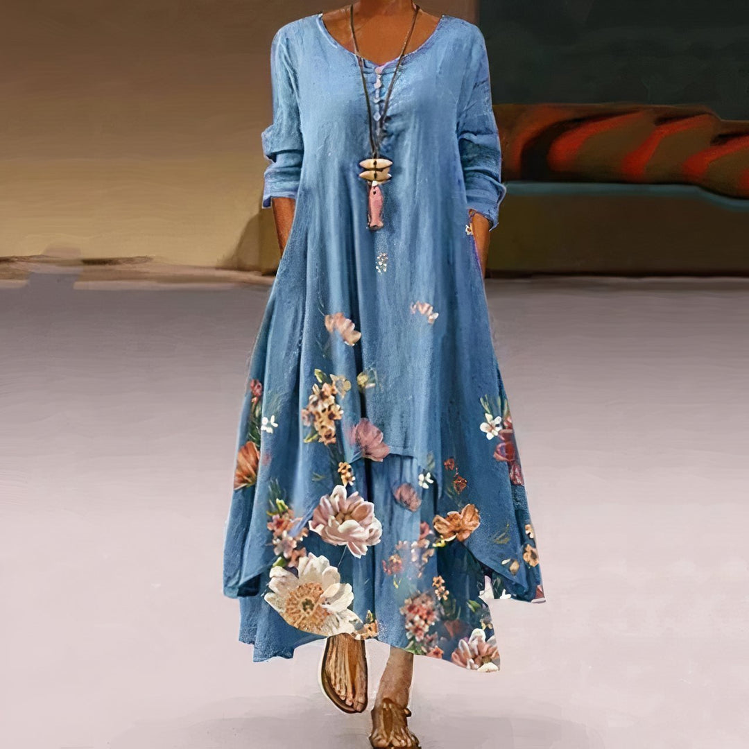 Dames Losvallende Bloemenprint Maxi-jurk Lange Mouwen Ronde Hals - Blue