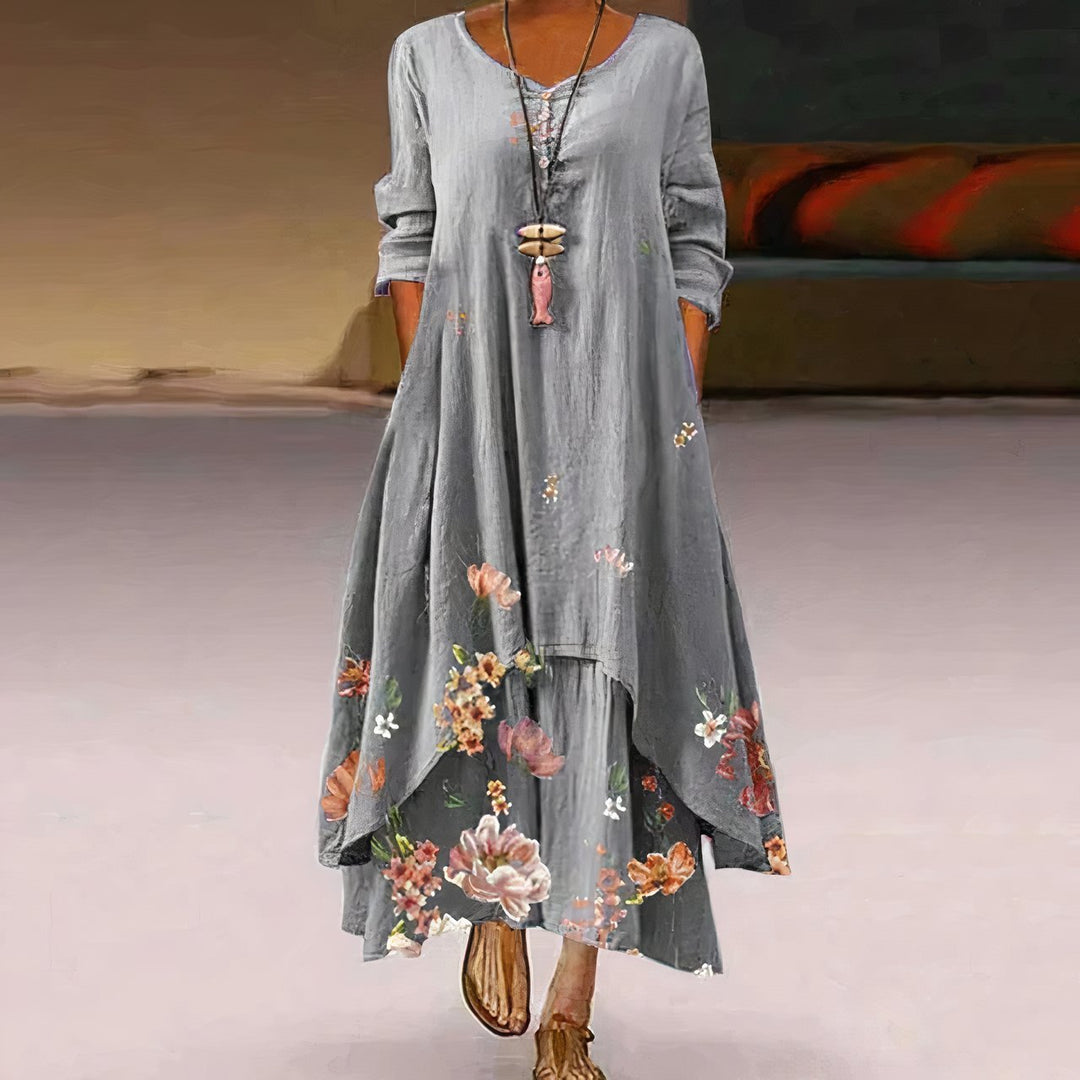 Dames Losvallende Bloemenprint Maxi-jurk Lange Mouwen Ronde Hals - Light Gray