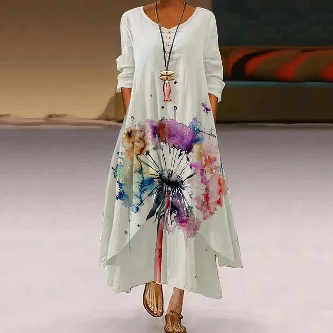 Dames Losvallende Bloemenprint Maxi-jurk Lange Mouwen Ronde Hals - White 2