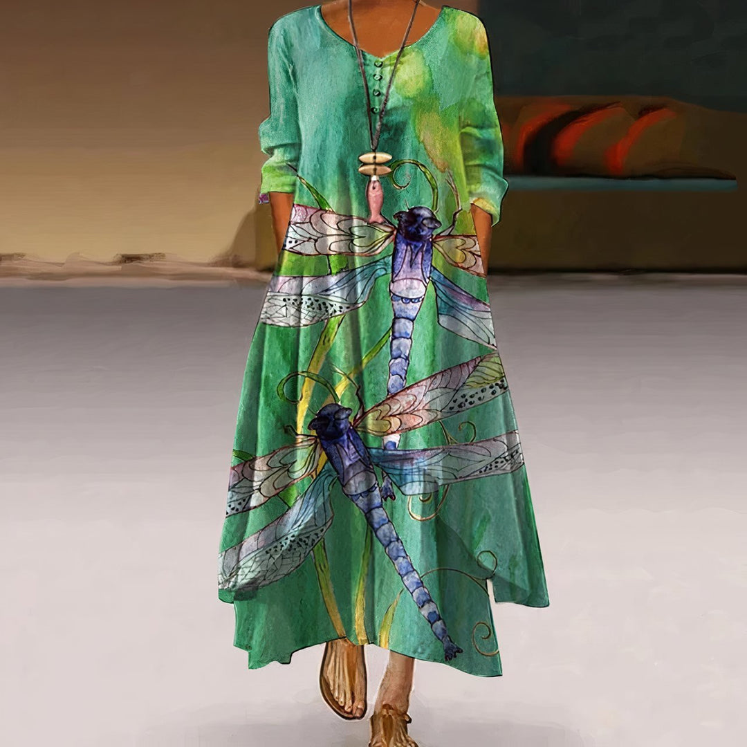 Dames Losvallende Bloemenprint Maxi-jurk Lange Mouwen Ronde Hals - Green
