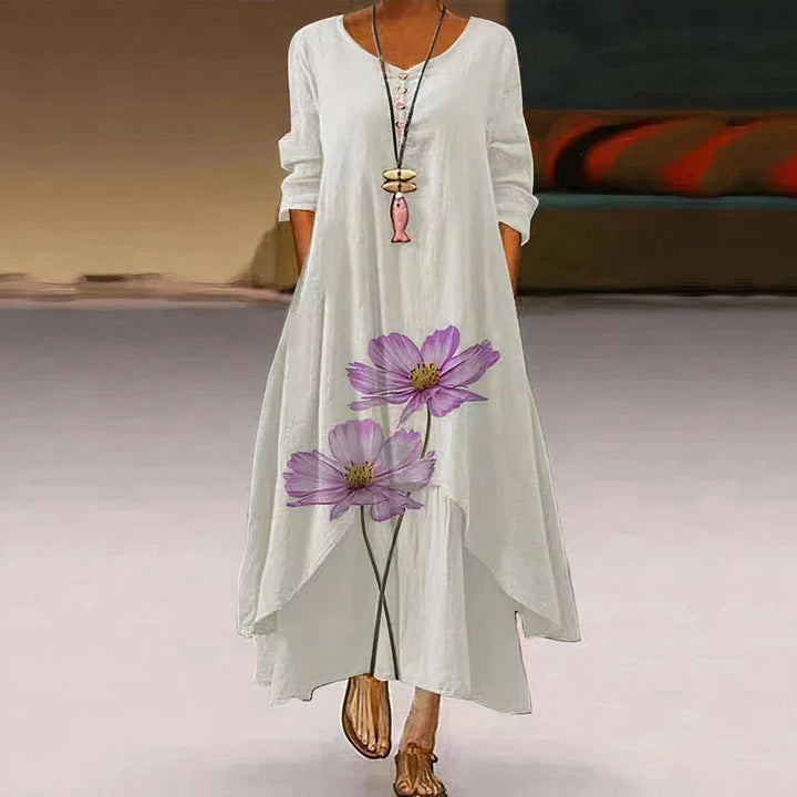 Dames Losvallende Bloemenprint Maxi-jurk Lange Mouwen Ronde Hals - White 3
