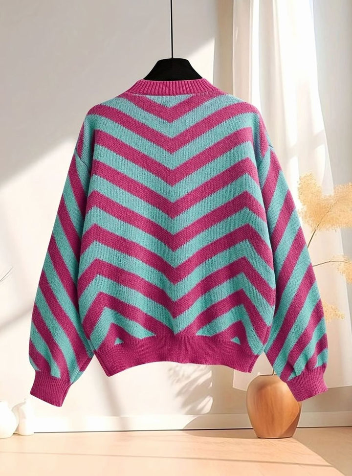 Dames Losvallende Chevron Gebreide Trui Ronde Hals