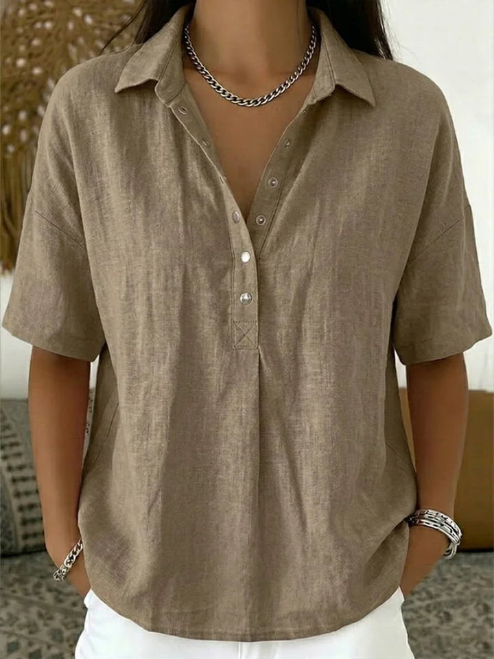 Dames Losvallende Linnen Casual Blouse Knoopsluiting Korte Mouw - Khaki