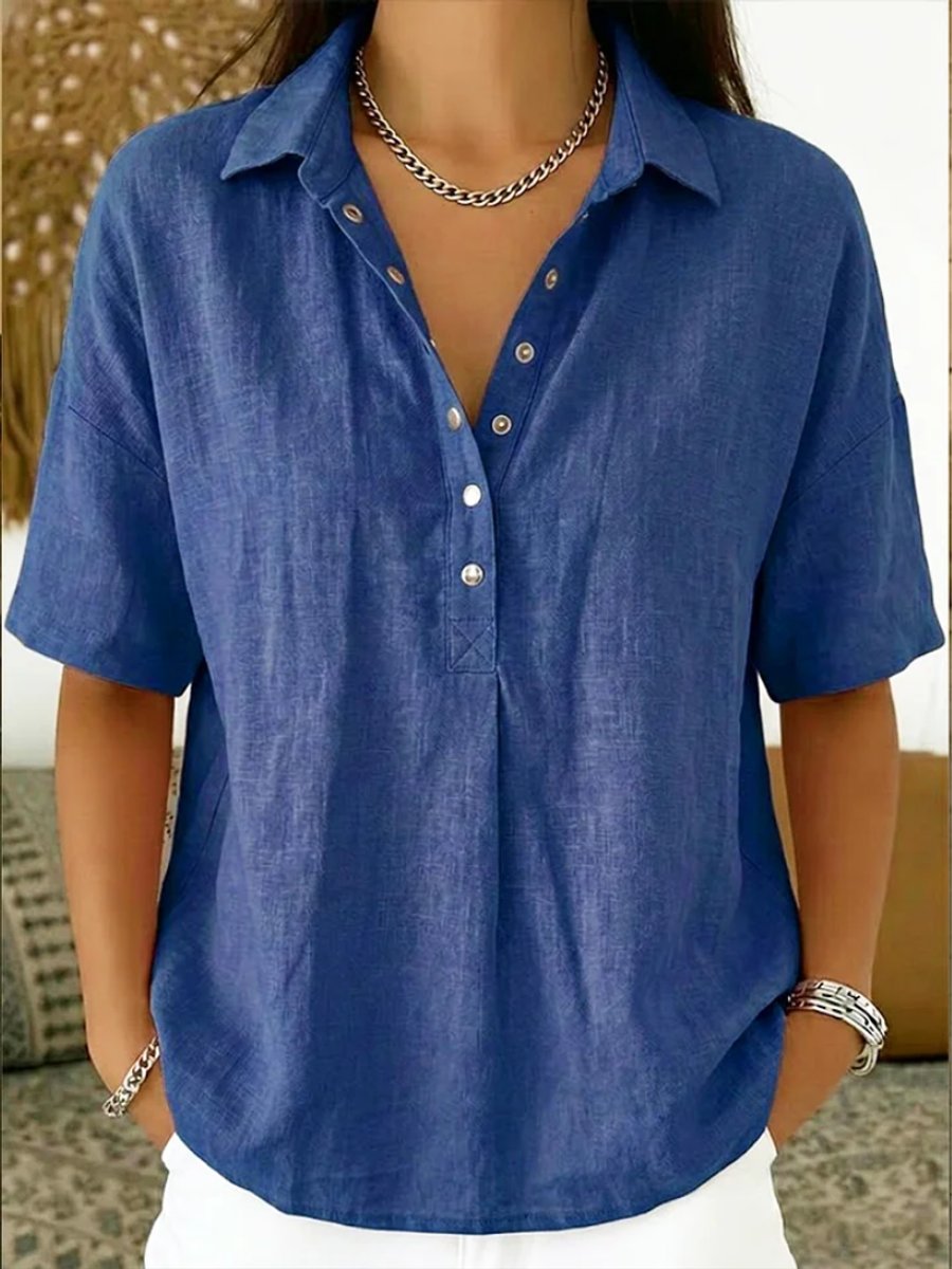 Dames Losvallende Linnen Casual Blouse Knoopsluiting Korte Mouw - Blauw