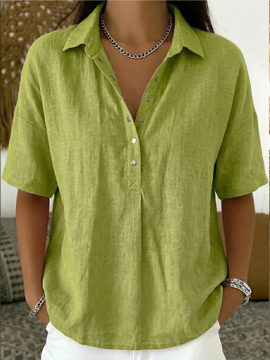 Dames Losvallende Linnen Casual Blouse Knoopsluiting Korte Mouw - Groen