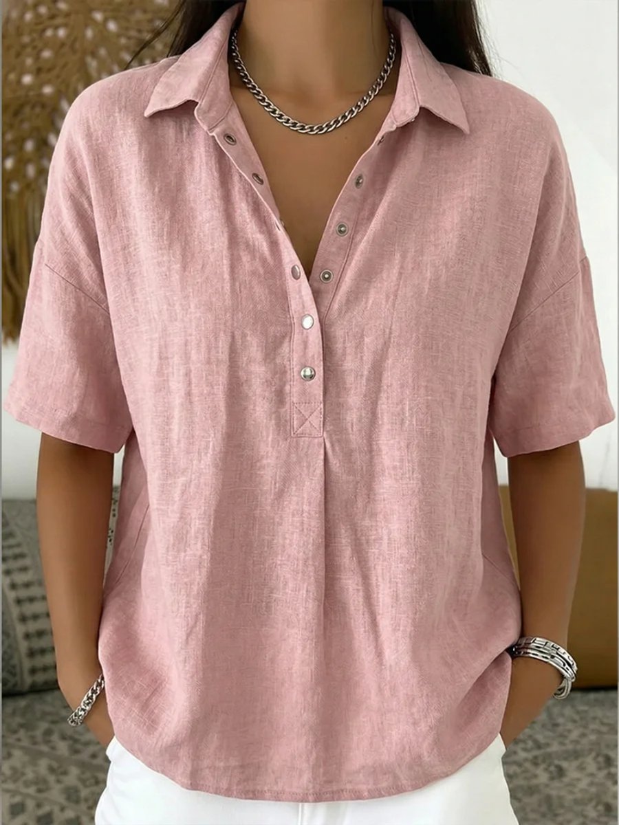 Dames Losvallende Linnen Casual Blouse Knoopsluiting Korte Mouw - Roze