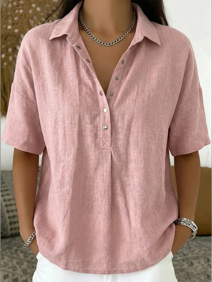 Dames Losvallende Linnen Casual Blouse Knoopsluiting Korte Mouw - Roze