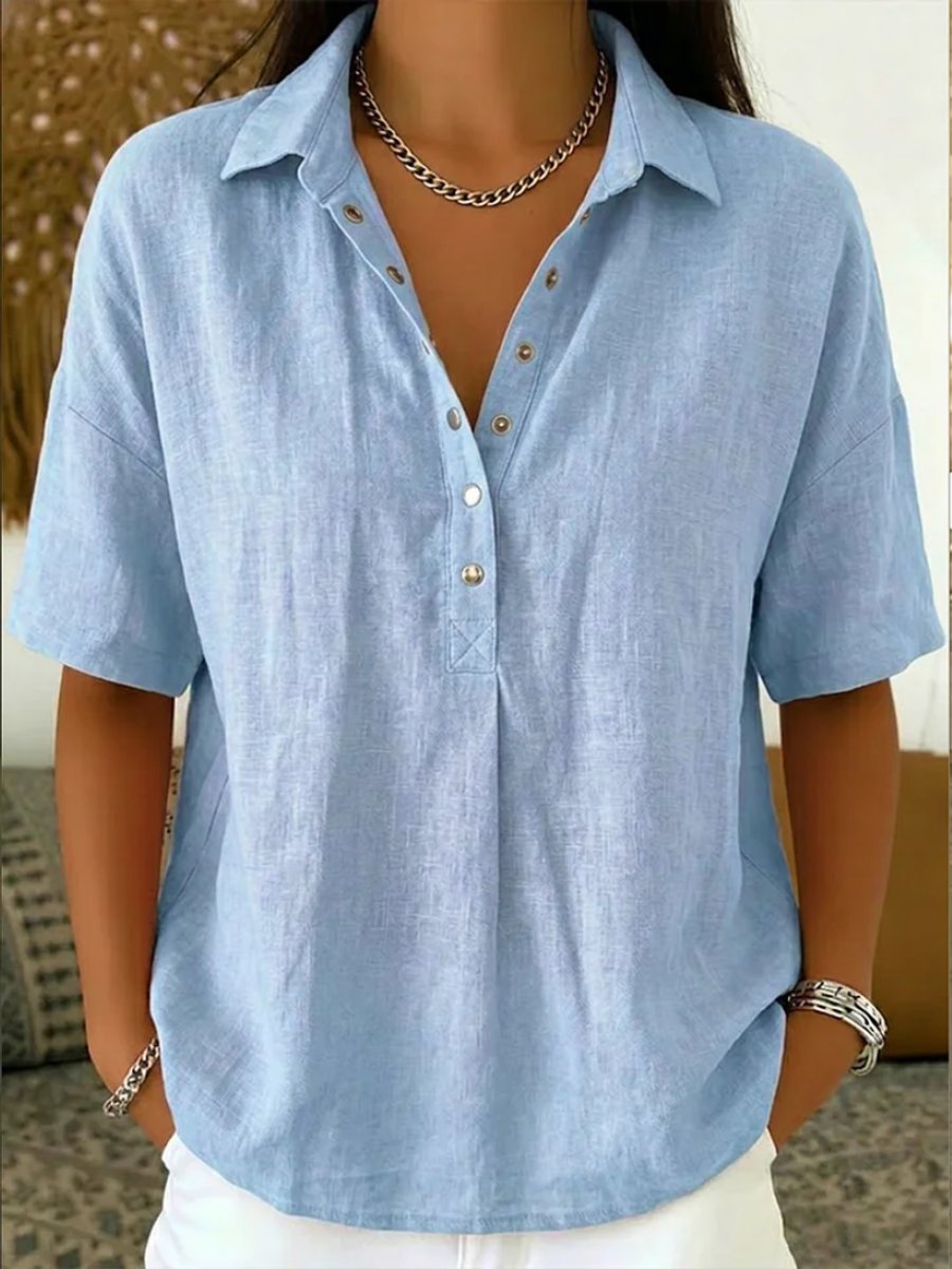 Dames Losvallende Linnen Casual Blouse Knoopsluiting Korte Mouw - Lichtblauw