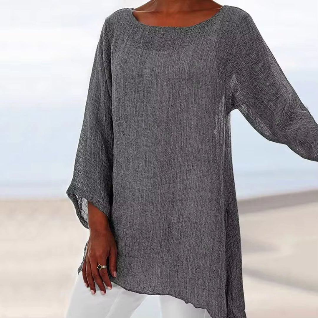 Dames Luchtig Linnen Longline Shirt met Driekwart Mouwen - Grijs