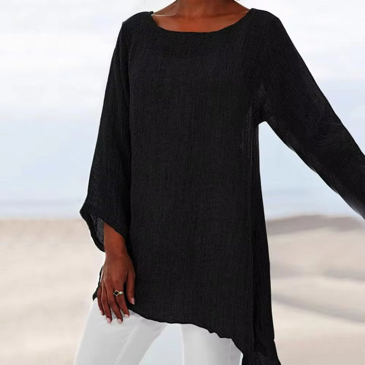 Dames Luchtig Linnen Longline Shirt met Driekwart Mouwen - Zwart