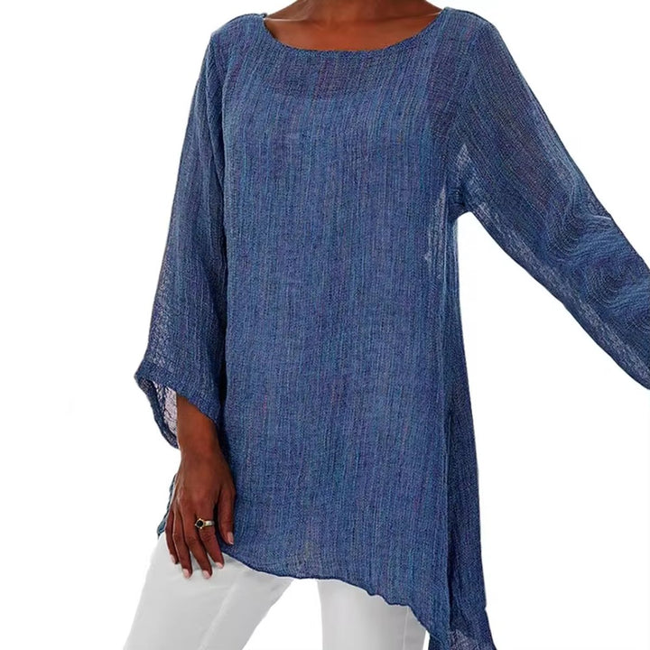 Dames Luchtig Linnen Longline Shirt met Driekwart Mouwen - Blauw