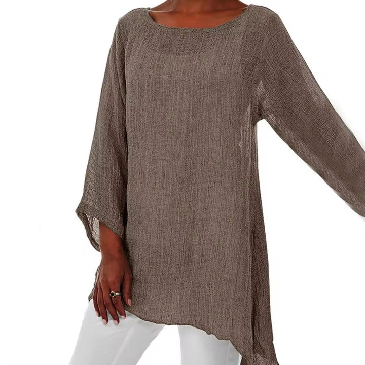 Dames Luchtig Linnen Longline Shirt met Driekwart Mouwen - Khaki
