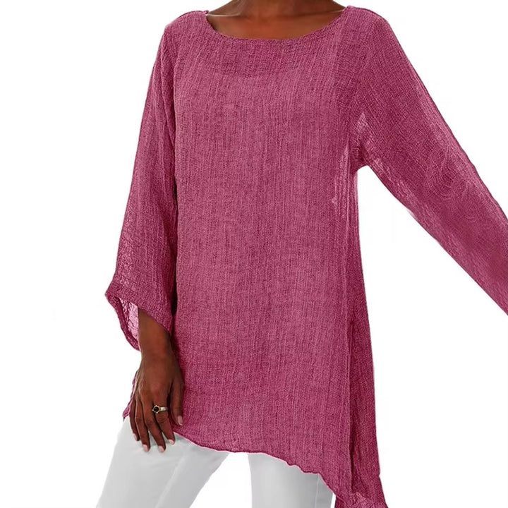 Dames Luchtig Linnen Longline Shirt met Driekwart Mouwen - Roze