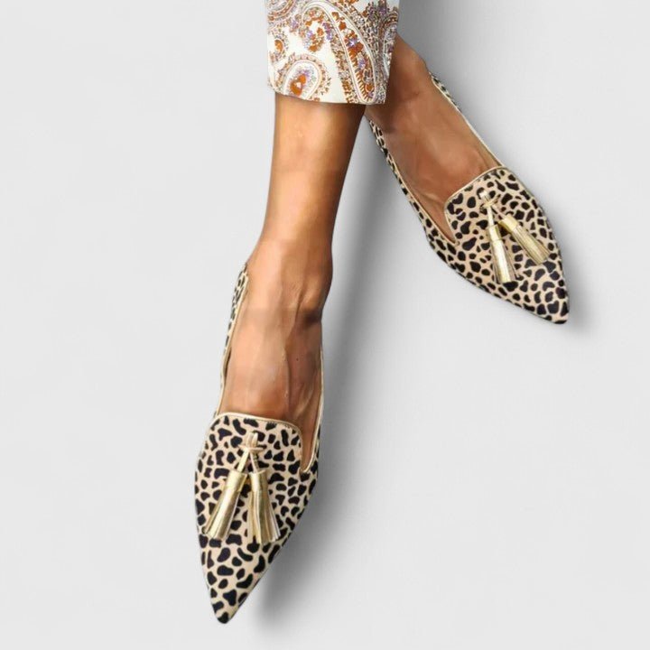 Dames Luipaardprint Spitse Tassel Slip-On Loafers - Gold