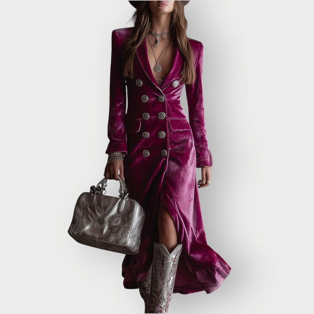 Dames Luxe Fluwelen Maxi Formele Jurk Dubbelrijige Knopen - Lila