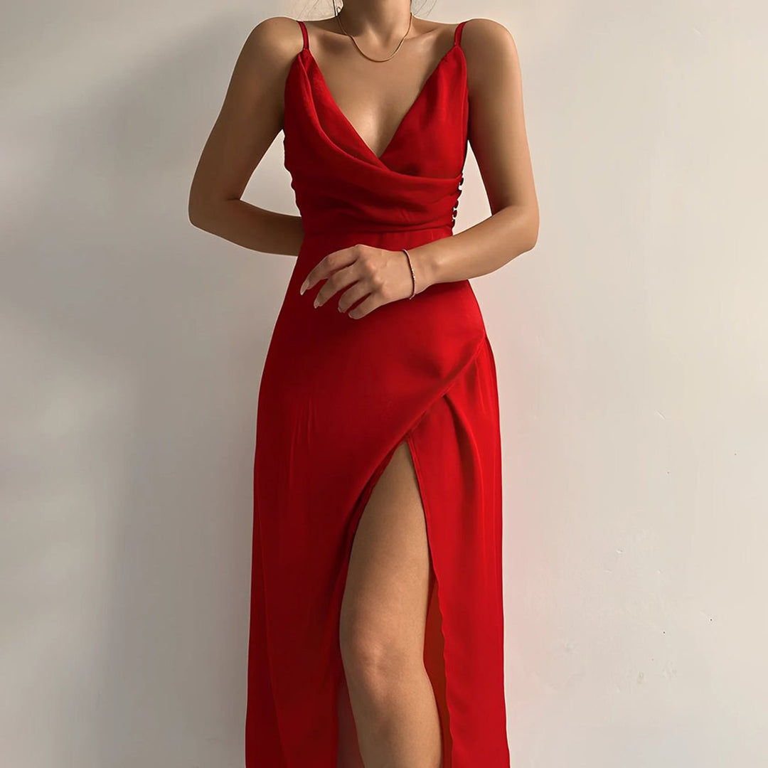 Dames Maxi Cocktail Party Dress V-hals Spaghettibandjes Slit - Rood