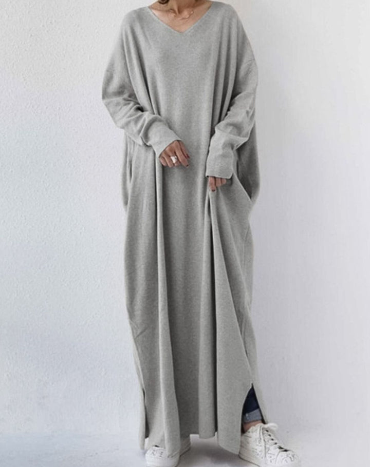 Dames Maxi Jurk Lange Mouwen Relaxte Fit Diepe V-hals - Grijs