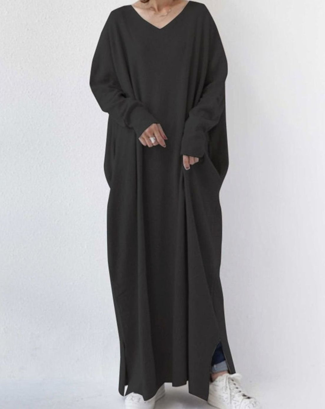 Dames Maxi Jurk Lange Mouwen Relaxte Fit Diepe V-hals - Zwart