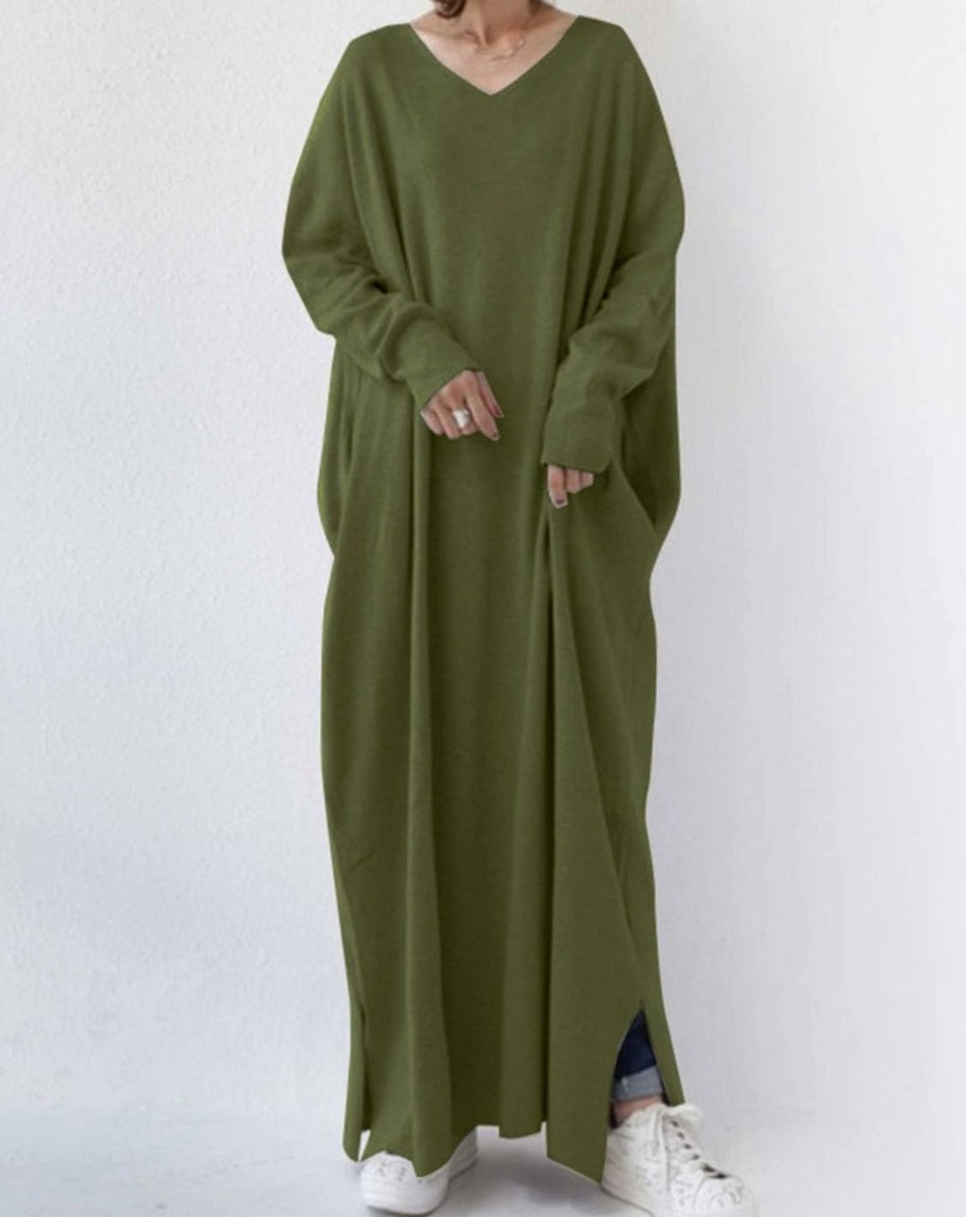 Dames Maxi Jurk Lange Mouwen Relaxte Fit Diepe V-hals - Donkergroen