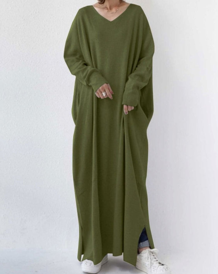 Dames Maxi Jurk Lange Mouwen Relaxte Fit Diepe V-hals - Donkergroen