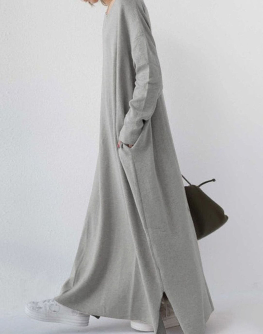 Dames Maxi Jurk Lange Mouwen Relaxte Fit Diepe V-hals