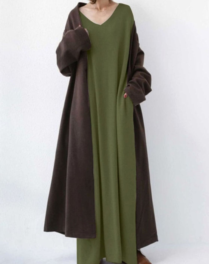 Dames Maxi Jurk Lange Mouwen Relaxte Fit Diepe V-hals