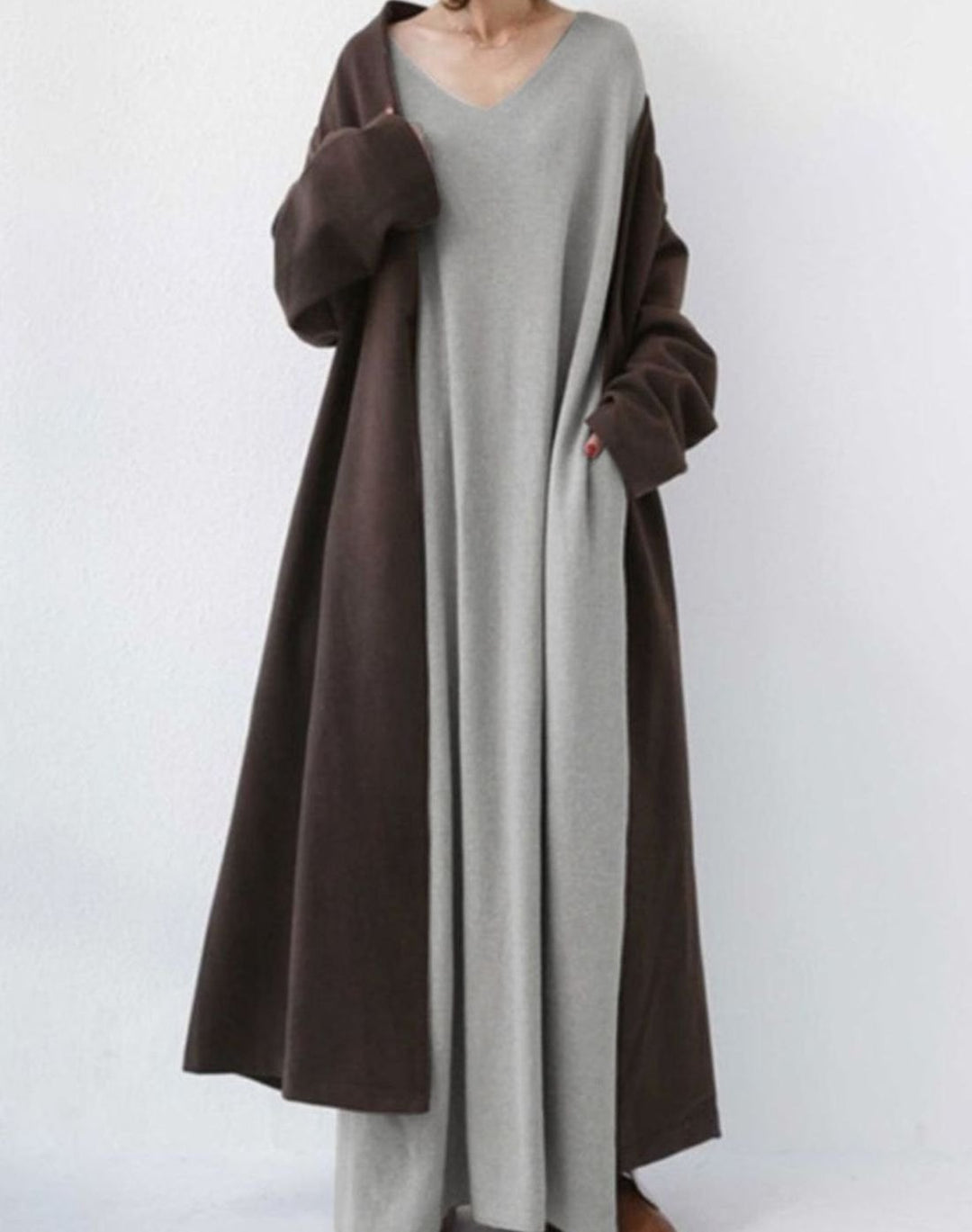 Dames Maxi Jurk Lange Mouwen Relaxte Fit Diepe V-hals
