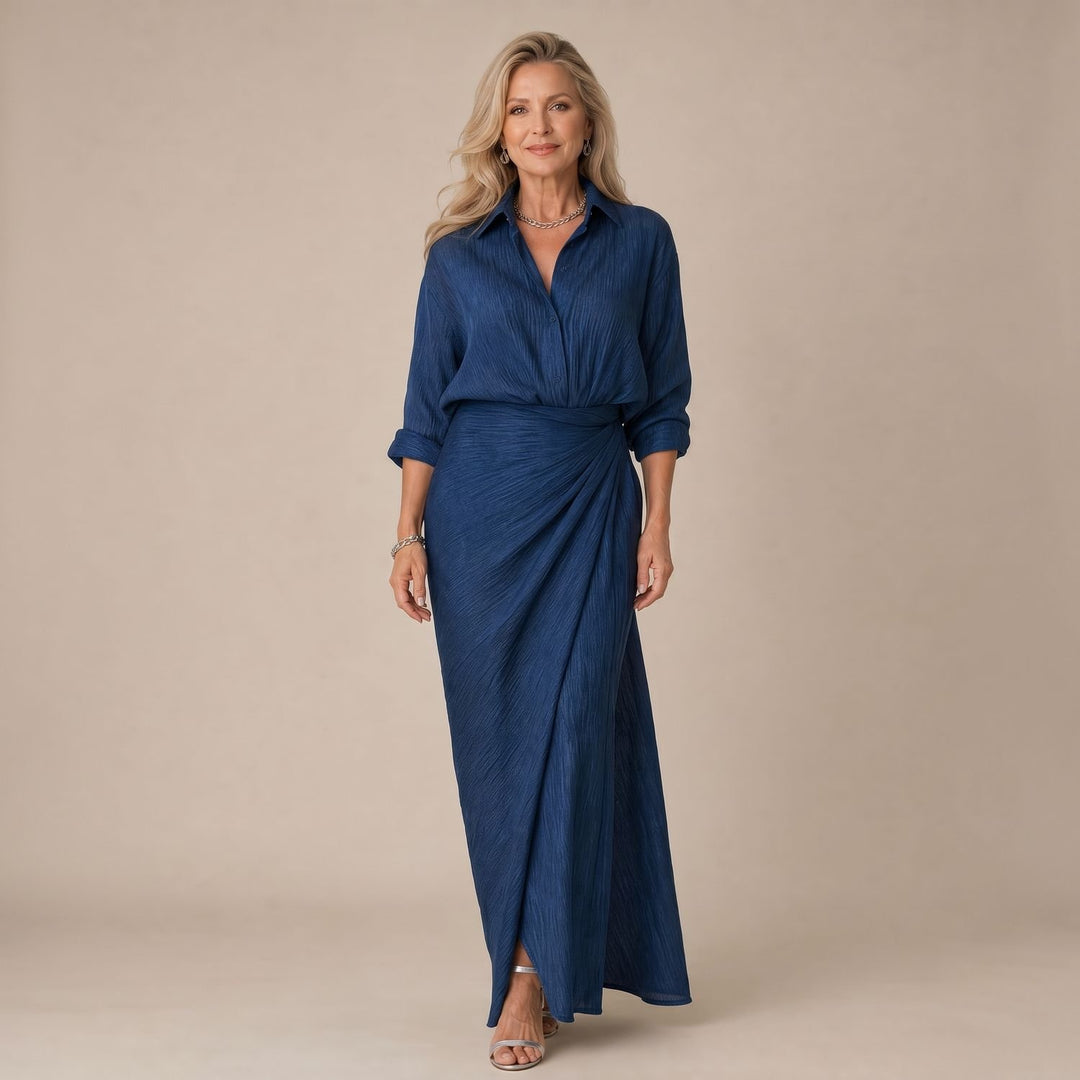 Dames Maxi Jurk Lange Mouwen Wrap-Front Geplooide Kraag