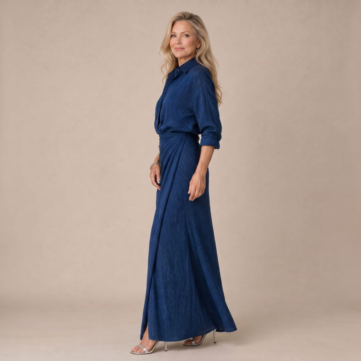 Dames Maxi Jurk Lange Mouwen Wrap-Front Geplooide Kraag