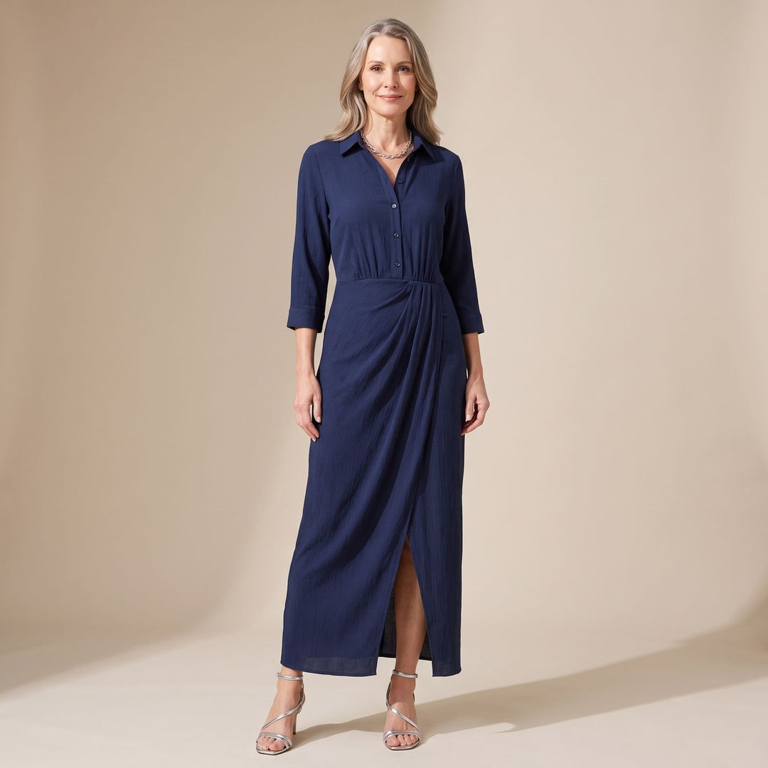 Dames Maxi Jurk Lange Mouwen Wrap-Front Geplooide Kraag