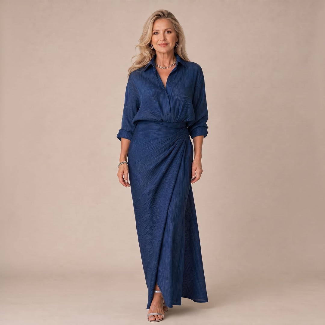Dames Maxi Jurk Lange Mouwen Wrap-Front Geplooide Kraag